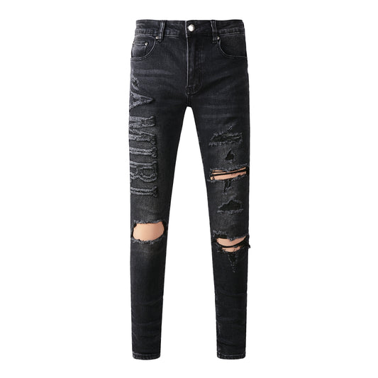 Jean Slim Fit Noir Homme 698 avec Stretch Confortable et Détails Patchwork 