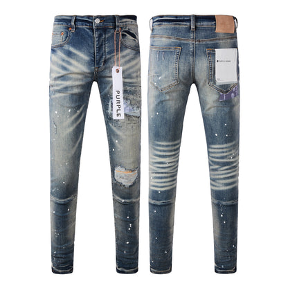 Jean streetwear pour homme, coupe skinny, bleu vieilli, patch paint, 9025 