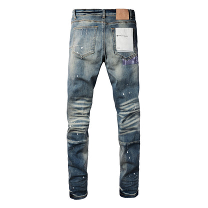 Jean streetwear pour homme, coupe skinny, bleu vieilli, patch paint, 9025 