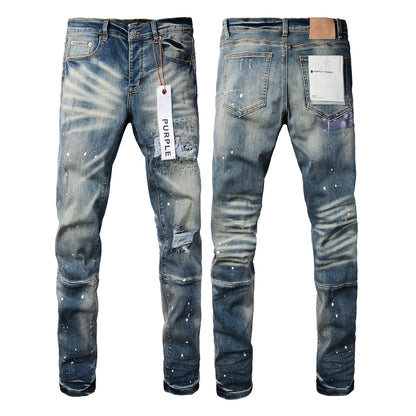 Jean streetwear pour homme, coupe skinny, bleu vieilli, patch paint, 9025 