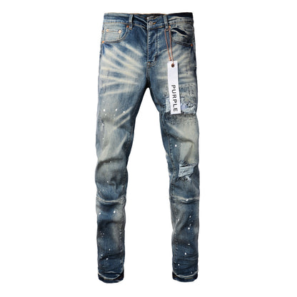Jean streetwear pour homme, coupe skinny, bleu vieilli, patch paint, 9025 