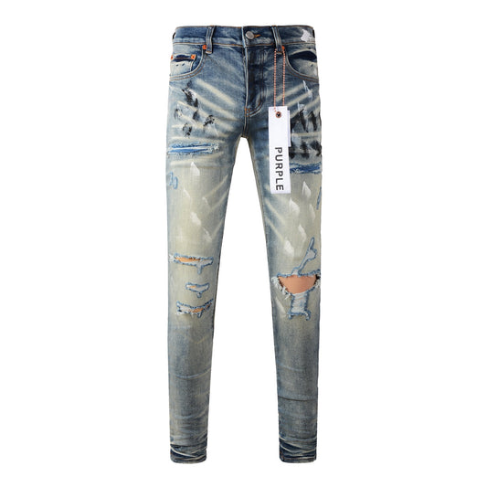 Vaqueros clásicos de calle para hombre, desgastados, con efecto desgastado azul, ajustados, 9037 