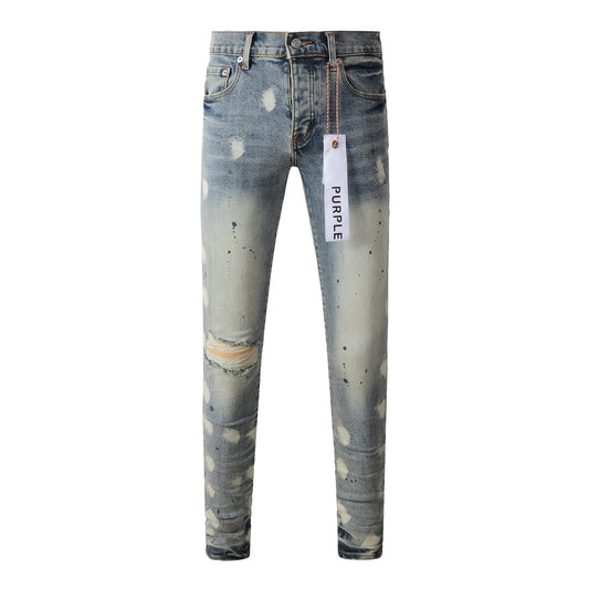 Vaqueros desgastados de hombre con diseño de lunares azul claro y rotos, ajustados 9092 