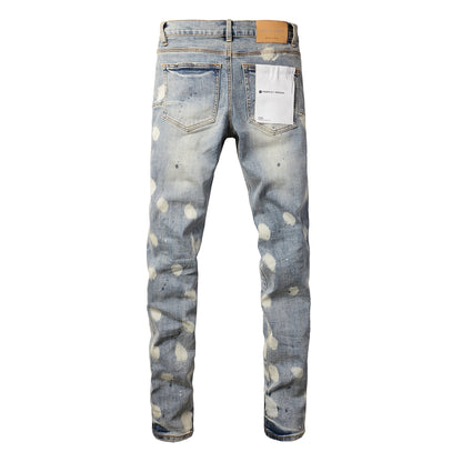 Vaqueros desgastados de hombre con diseño de lunares azul claro y rotos, ajustados 9092 