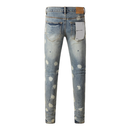 Vaqueros desgastados de hombre con diseño de lunares azul claro y rotos, ajustados 9092 