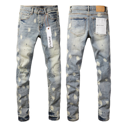Vaqueros desgastados de hombre con diseño de lunares azul claro y rotos, ajustados 9092 