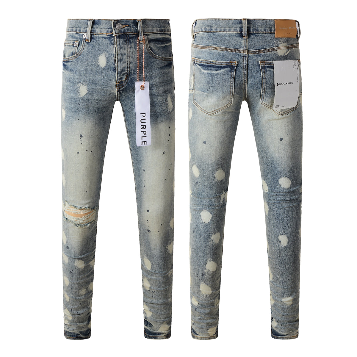Vaqueros desgastados de hombre con diseño de lunares azul claro y rotos, ajustados 9092 