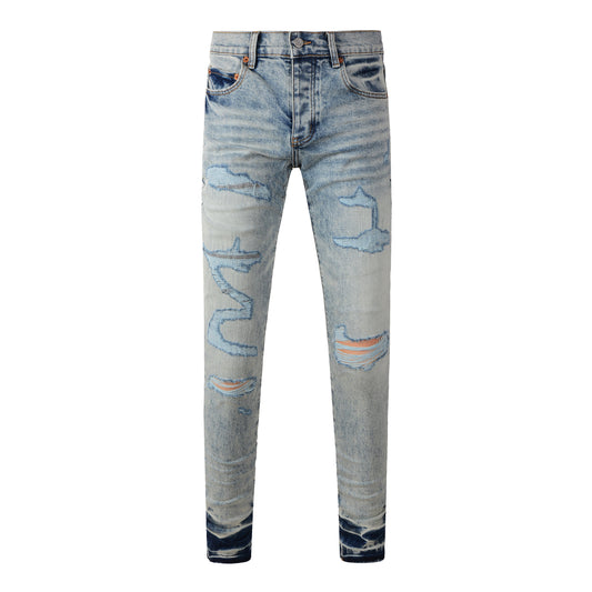 Vaqueros desgastados para hombre, estilo urbano, azul claro, abstractos, rotos, ajustados, 9093 