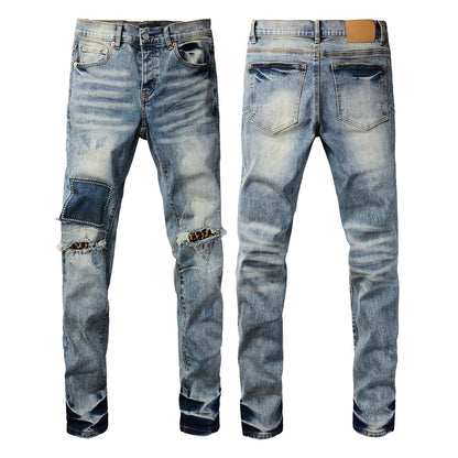Vaqueros desgastados para hombre, estilo urbano, con parche de leopardo, ajustados y rotos, 9095 