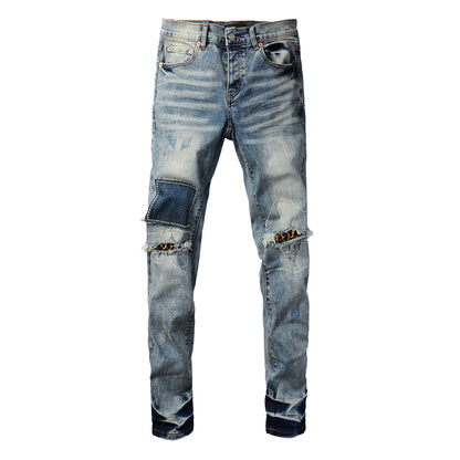 Vaqueros desgastados para hombre, estilo urbano, con parche de leopardo, ajustados y rotos, 9095 