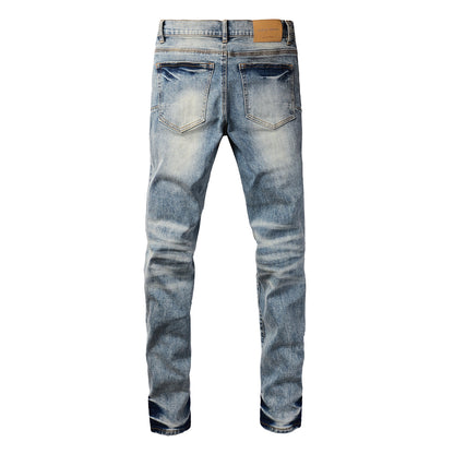 Vaqueros desgastados para hombre, estilo urbano, con parche de leopardo, ajustados y rotos, 9095 