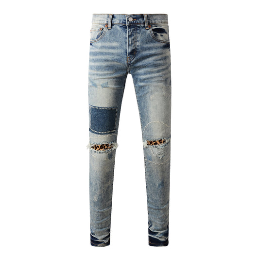 Vaqueros desgastados para hombre, estilo urbano, con parche de leopardo, ajustados y rotos, 9095 