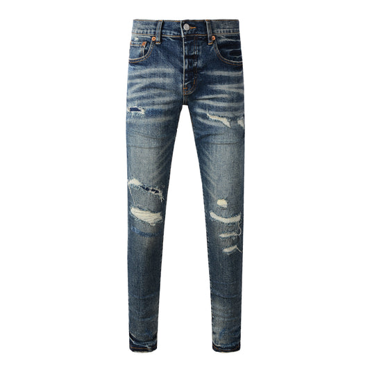 Vaqueros clásicos de calle para hombre, desgastados, azul oscuro, rotos, ajustados, 9096 
