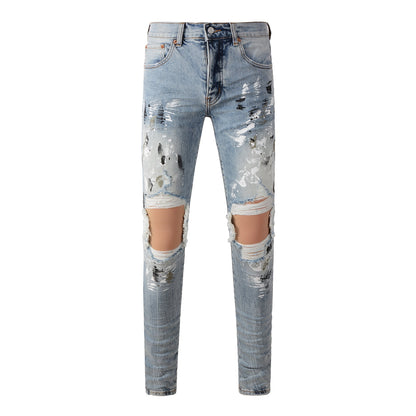 Vaqueros desgastados y rotos para hombre, estilo urbano, color azul claro, con salpicaduras de pintura, ajustados, 9100 