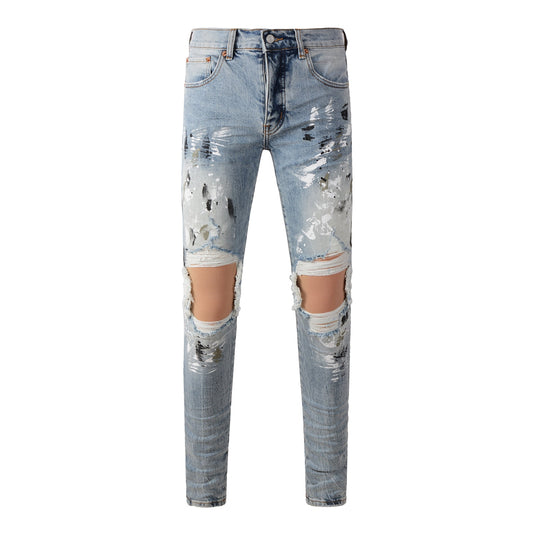 Vaqueros desgastados y rotos para hombre, estilo urbano, color azul claro, con salpicaduras de pintura, ajustados, 9100 