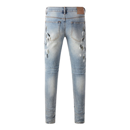 Vaqueros desgastados y rotos para hombre, estilo urbano, color azul claro, con salpicaduras de pintura, ajustados, 9100 