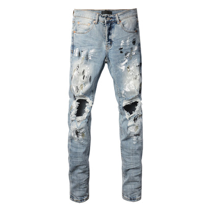 Vaqueros desgastados y rotos para hombre, estilo urbano, color azul claro, con salpicaduras de pintura, ajustados, 9100 