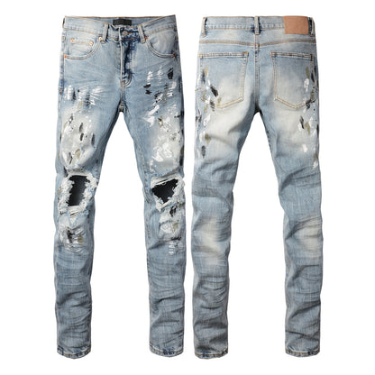 Vaqueros desgastados y rotos para hombre, estilo urbano, color azul claro, con salpicaduras de pintura, ajustados, 9100 