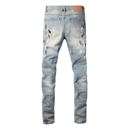 Vaqueros desgastados y rotos para hombre, estilo urbano, color azul claro, con salpicaduras de pintura, ajustados, 9100 