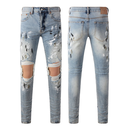 Vaqueros desgastados y rotos para hombre, estilo urbano, color azul claro, con salpicaduras de pintura, ajustados, 9100 