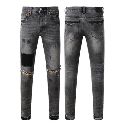 Vaqueros desgastados de estilo urbano para hombre, color gris, con parches rotos y estampado de leopardo, ajustados, 9102 