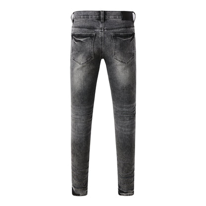 Vaqueros desgastados de estilo urbano para hombre, color gris, con parches rotos y estampado de leopardo, ajustados, 9102 