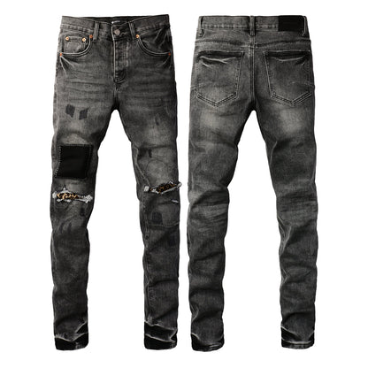 Vaqueros desgastados de estilo urbano para hombre, color gris, con parches rotos y estampado de leopardo, ajustados, 9102 
