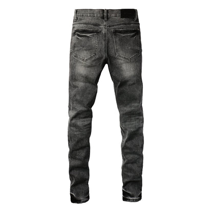 Vaqueros desgastados de estilo urbano para hombre, color gris, con parches rotos y estampado de leopardo, ajustados, 9102 