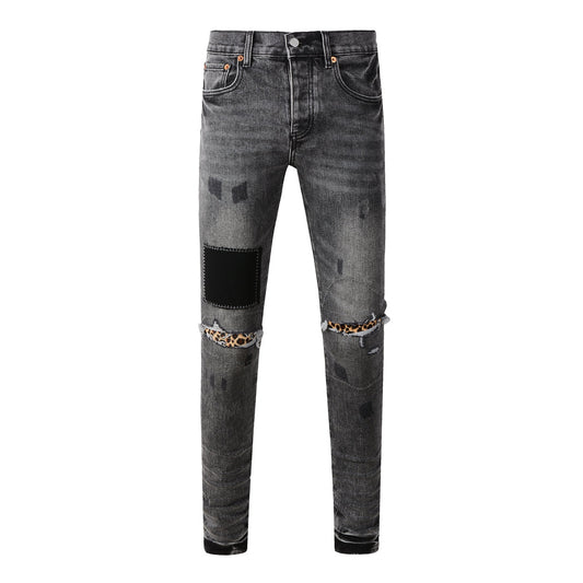 Vaqueros desgastados de estilo urbano para hombre, color gris, con parches rotos y estampado de leopardo, ajustados, 9102 