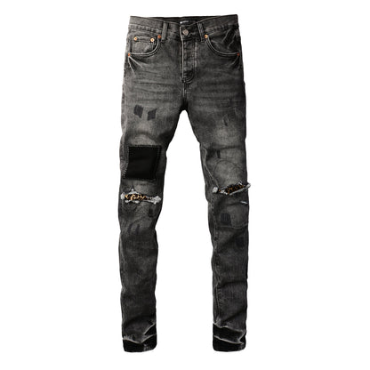 Vaqueros desgastados de estilo urbano para hombre, color gris, con parches rotos y estampado de leopardo, ajustados, 9102 