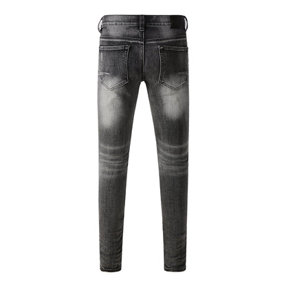Men Classic Streetwear Jeans Distressed Grey Ripped Skinny Fit 9103