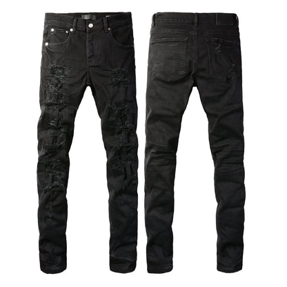 Vaqueros ajustados negros desgastados para hombre con diseño muy roto y estilo urbano grunge 9108 