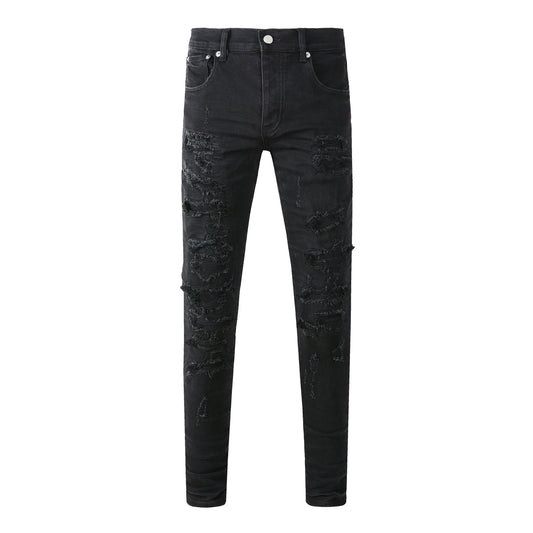 Vaqueros ajustados negros desgastados para hombre con diseño muy roto y estilo urbano grunge 9108 