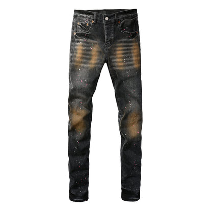 Vaqueros ajustados negros para hombre con lavado en tonos óxido y salpicaduras de pintura multicolor, estilo urbano artístico desgastado 9109 