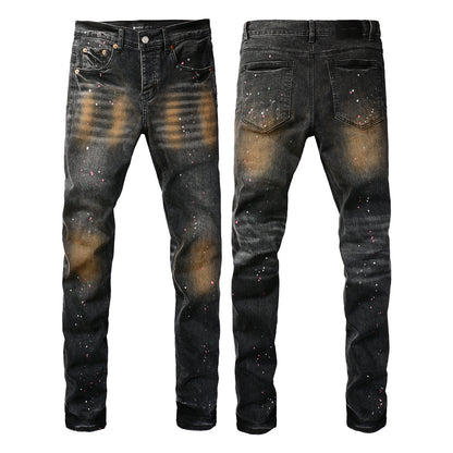 Vaqueros ajustados negros para hombre con lavado en tonos óxido y salpicaduras de pintura multicolor, estilo urbano artístico desgastado 9109 