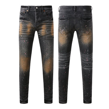 Vaqueros ajustados negros para hombre con lavado en tonos óxido y salpicaduras de pintura multicolor, estilo urbano artístico desgastado 9109 