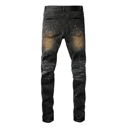 Vaqueros ajustados negros para hombre con lavado en tonos óxido y salpicaduras de pintura multicolor, estilo urbano artístico desgastado 9109 