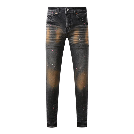 Vaqueros ajustados negros para hombre con lavado en tonos óxido y salpicaduras de pintura multicolor, estilo urbano artístico desgastado 9109 