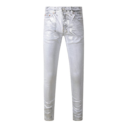 Jean streetwear pour homme, finition métallisée argentée avec brillance futuriste, coupe skinny, Statement 9110 