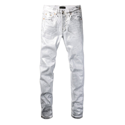 Jean streetwear pour homme, finition métallisée argentée avec brillance futuriste, coupe skinny, Statement 9110 