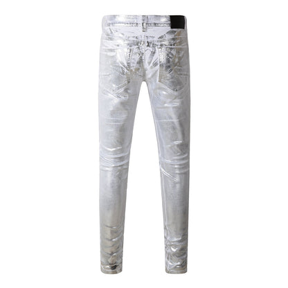 Jean streetwear pour homme, finition métallisée argentée avec brillance futuriste, coupe skinny, Statement 9110 