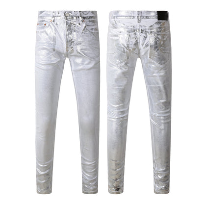 Jean streetwear pour homme, finition métallisée argentée avec brillance futuriste, coupe skinny, Statement 9110 