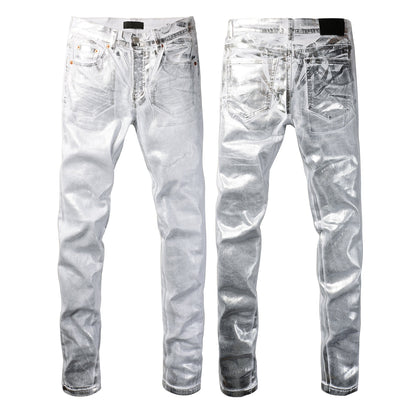 Jean streetwear pour homme, finition métallisée argentée avec brillance futuriste, coupe skinny, Statement 9110 