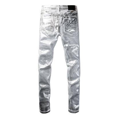 Jean streetwear pour homme, finition métallisée argentée avec brillance futuriste, coupe skinny, Statement 9110 