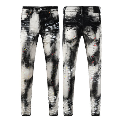Vaqueros ajustados para hombre, lavados con grafiti en blanco y negro y salpicaduras de pintura multicolor PU9111 