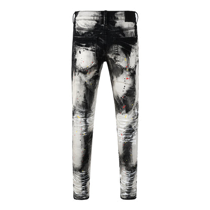 Vaqueros ajustados para hombre, lavados con grafiti en blanco y negro y salpicaduras de pintura multicolor PU9111 