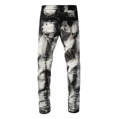 Vaqueros ajustados para hombre, lavados con grafiti en blanco y negro y salpicaduras de pintura multicolor PU9111 