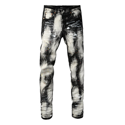 Vaqueros ajustados para hombre, lavados con grafiti en blanco y negro y salpicaduras de pintura multicolor PU9111 