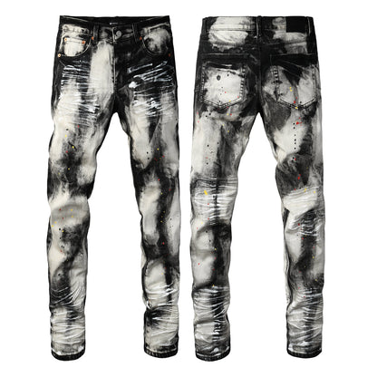 Vaqueros ajustados para hombre, lavados con grafiti en blanco y negro y salpicaduras de pintura multicolor PU9111 