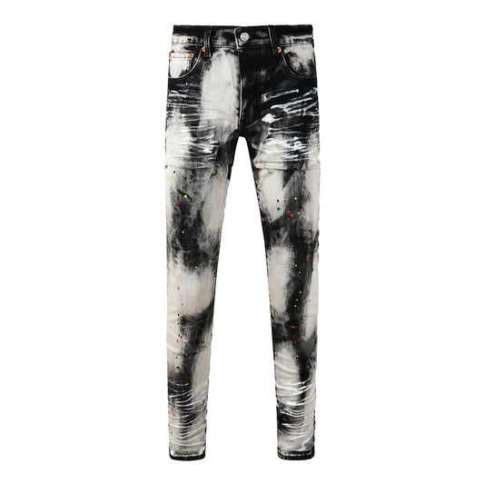 Vaqueros ajustados para hombre, lavados con grafiti en blanco y negro y salpicaduras de pintura multicolor PU9111 